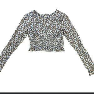 M Urban Outfitters Bayside Smocked Blue Floral Rose Cardigan Crop Top Long Slv